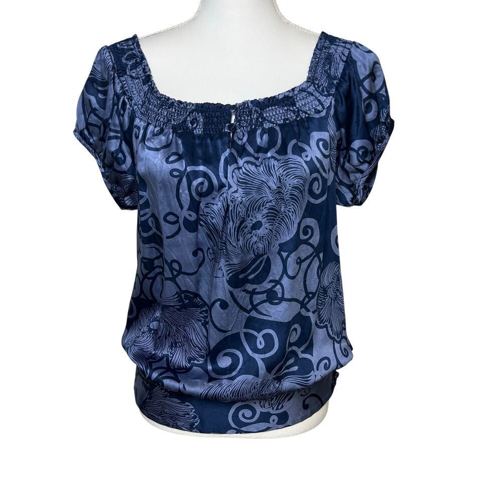 INC Y2k boho 100% silk off the shoulder peasant blue floral scroll blouse size 4